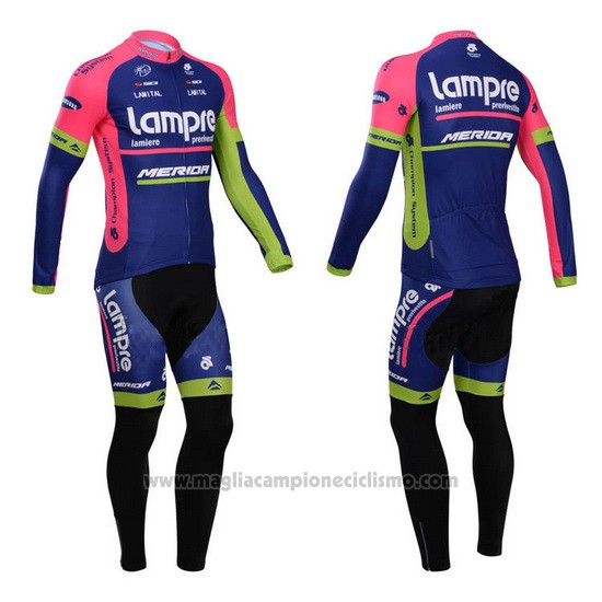 2014 Abbigliamento Ciclismo Lampre Merida Rosa e Blu Manica Lunga e Salopette
